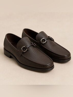 Salvatore Ferragamo Gancini Bit Loafers Brown Pebbled Leather Size 10 EE Wide